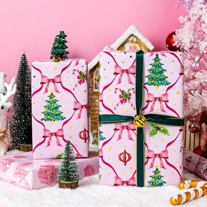 Yarcony Reversible Pink Christmas Wrapping Paper Roll, Girly Bows Wrapping Paper, Pink and Green Coquette Bows Christmas Gift Wrap for Holiday, Girls Birthday, Party (Mini Roll, 17 Inch X 33 Feet) - Image 4